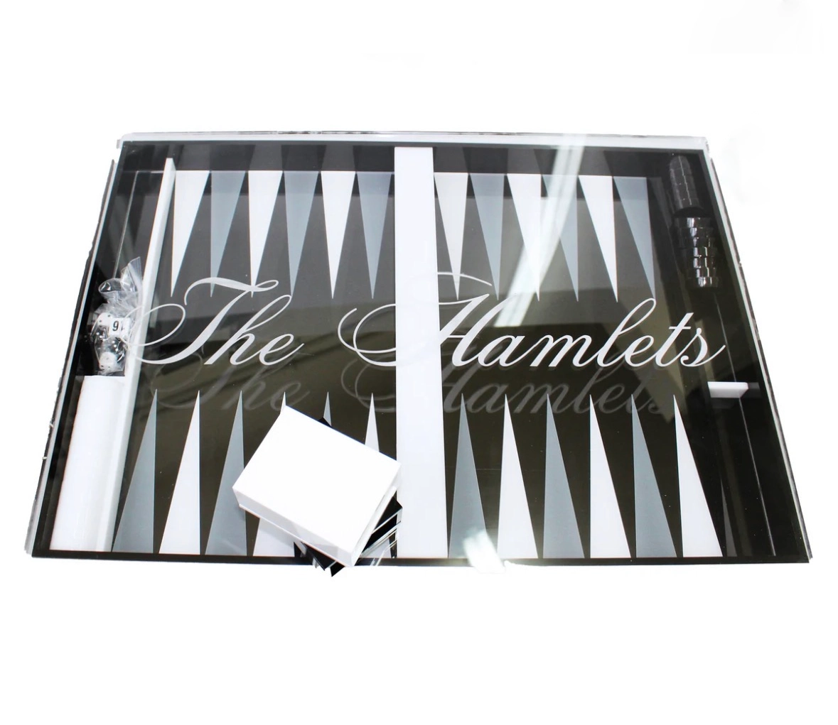 Black and white backgammon board with pieces