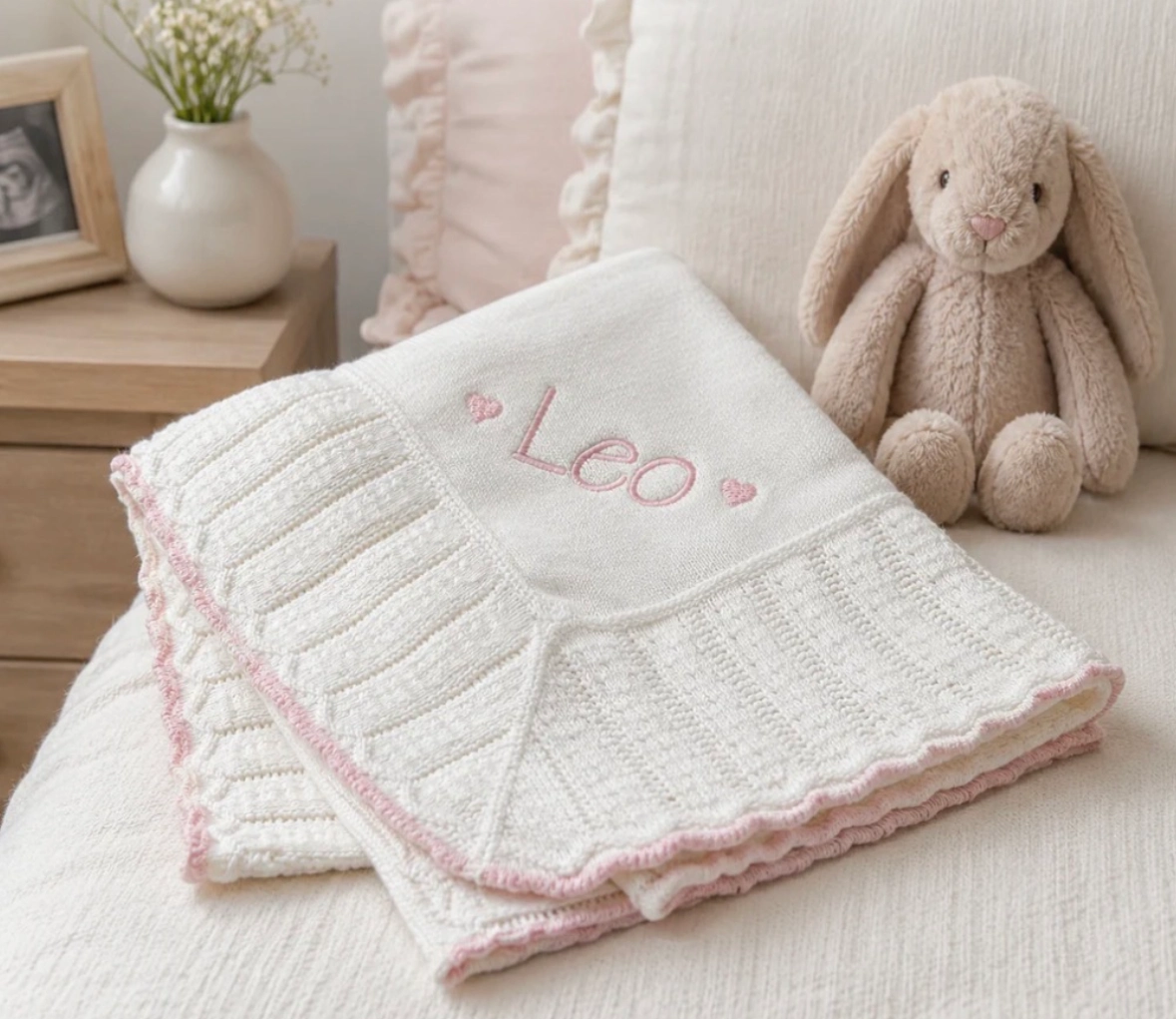 Folded white baby blanket embroidered Leo with bunny