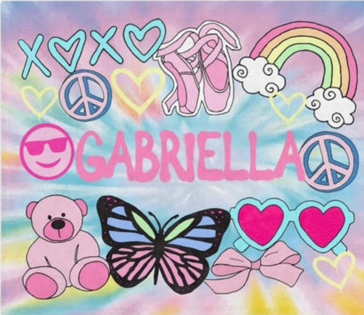 Tie-dye Gabriella collage with hearts and icons