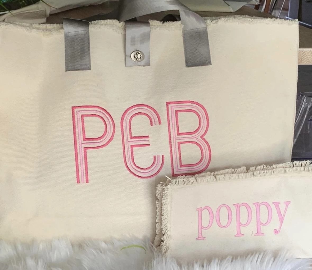 Cream canvas tote with pink monogram PEB
