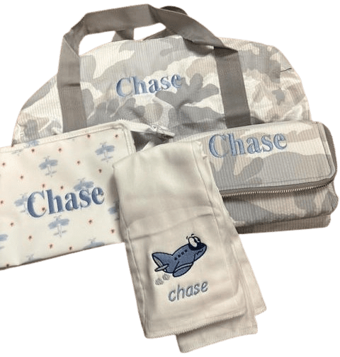 Personalized baby bag set with airplane embroidery